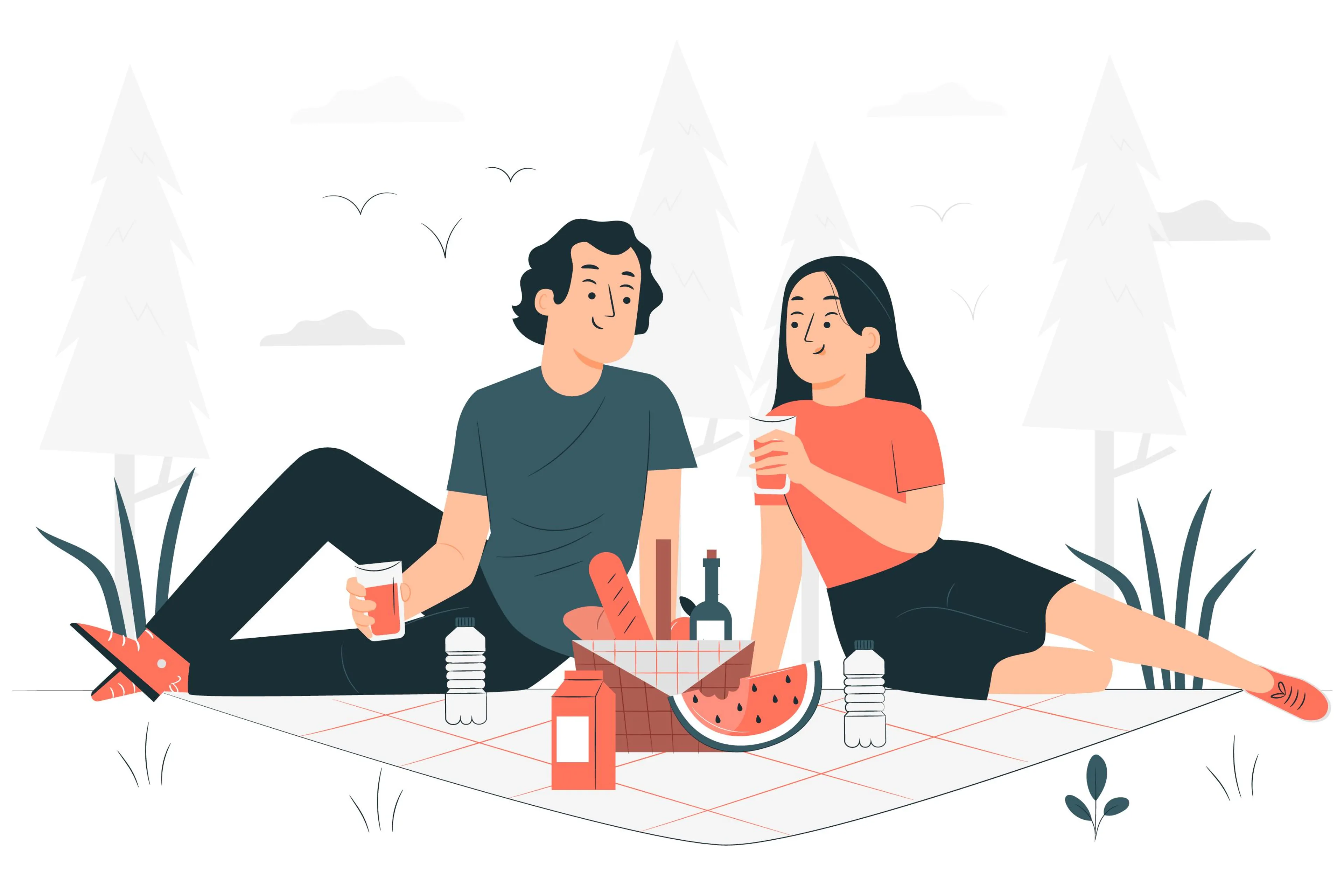 Een illustratie van een man en een vrouw die aan het picknicken zijn in de natuur en naar elkaar kijken met limonade in hun handen.